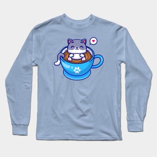 Cute Cat Sleeping In Coffee Cup Cartoon Long Sleeve T-Shirt